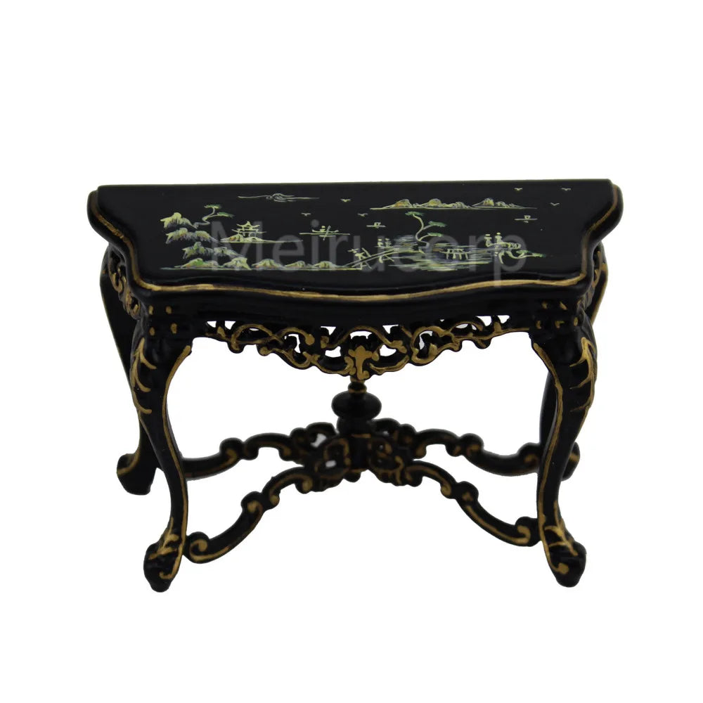 Mesa auxiliar de mano bien pintada de negro a escala 1:12, muebles de casa de muñecas en miniatura