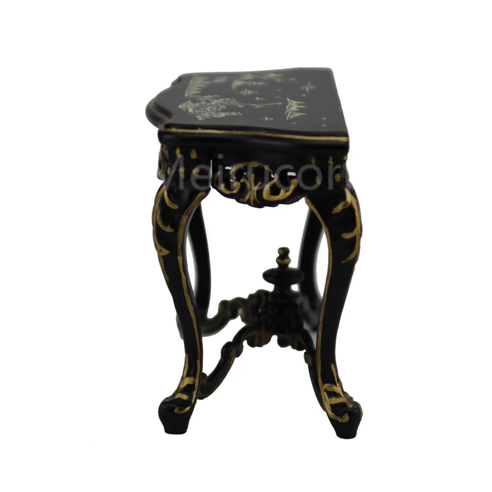 Mesa auxiliar de mano bien pintada de negro a escala 1:12, muebles de casa de muñecas en miniatura