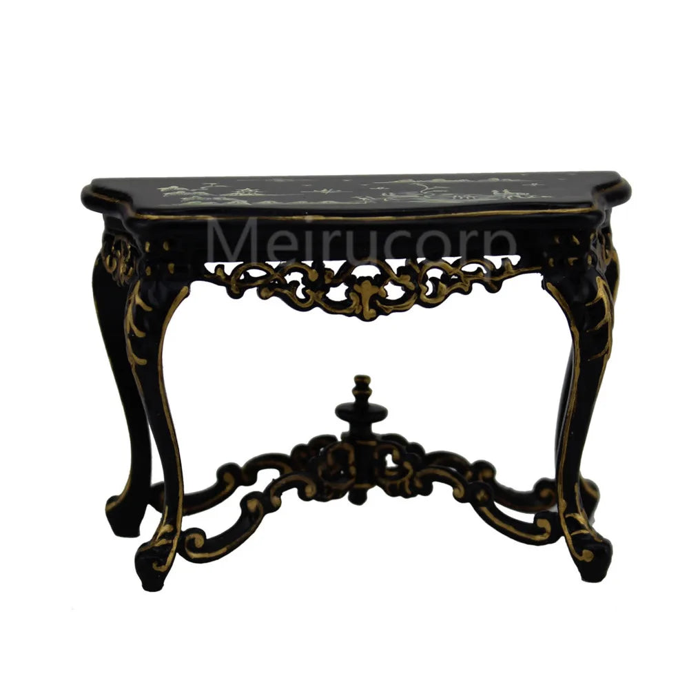 Mesa auxiliar de mano bien pintada de negro a escala 1:12, muebles de casa de muñecas en miniatura