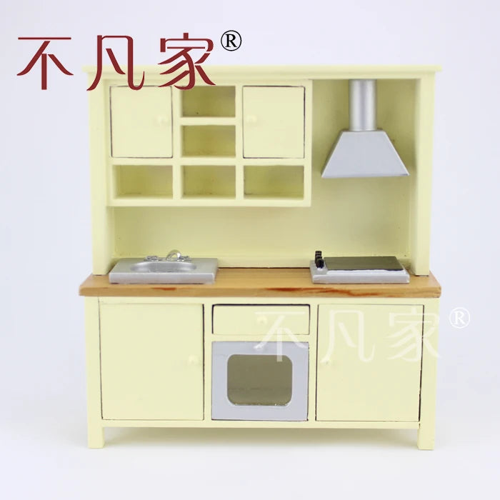 Casa de muñecas en miniatura a escala 1:12, armario de cocina de madera con banco de cocina, muebles