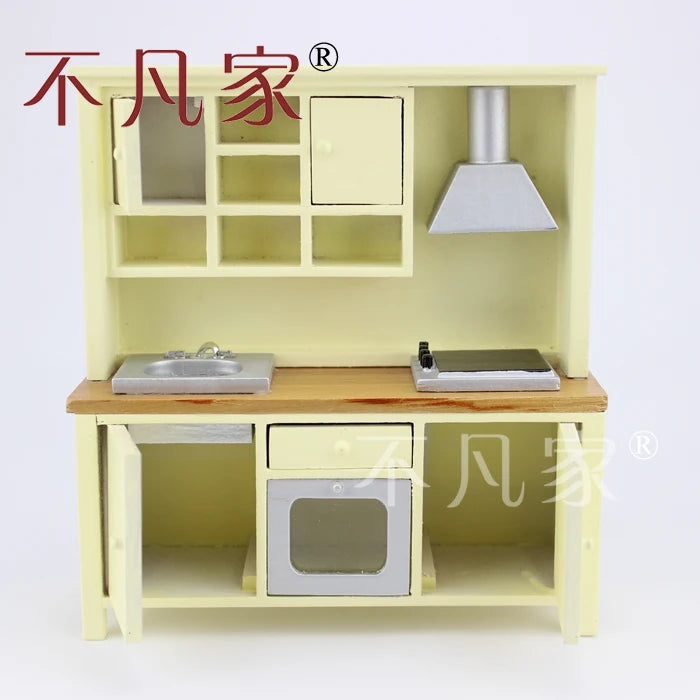 Casa de muñecas en miniatura a escala 1:12, armario de cocina de madera con banco de cocina, muebles