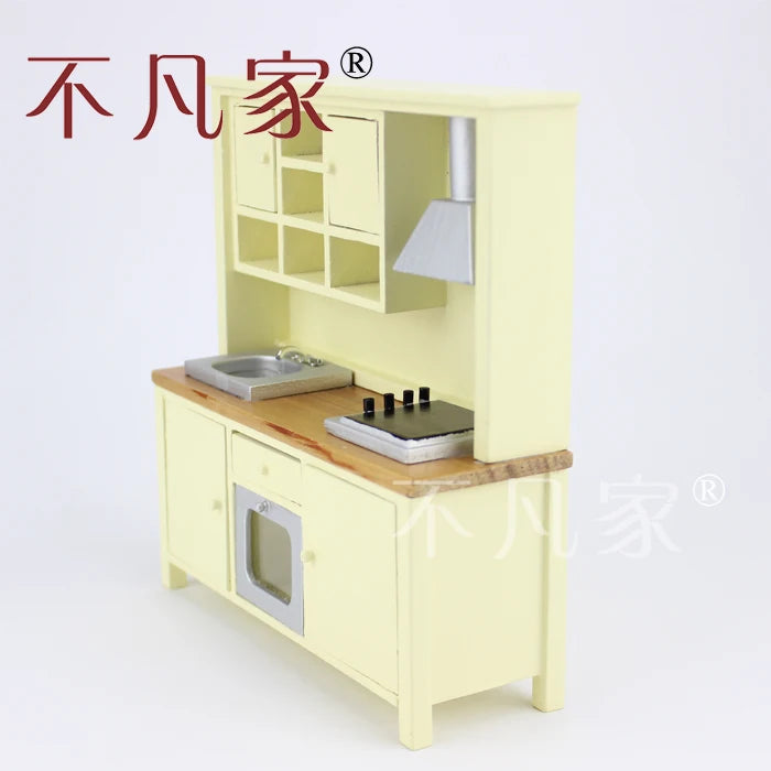 Casa de muñecas en miniatura a escala 1:12, armario de cocina de madera con banco de cocina, muebles