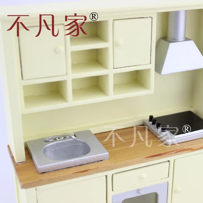 Casa de muñecas en miniatura a escala 1:12, armario de cocina de madera con banco de cocina, muebles