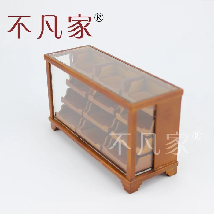 Vitrina de cristal en miniatura para casa de muñecas a escala 1:12 con cajones