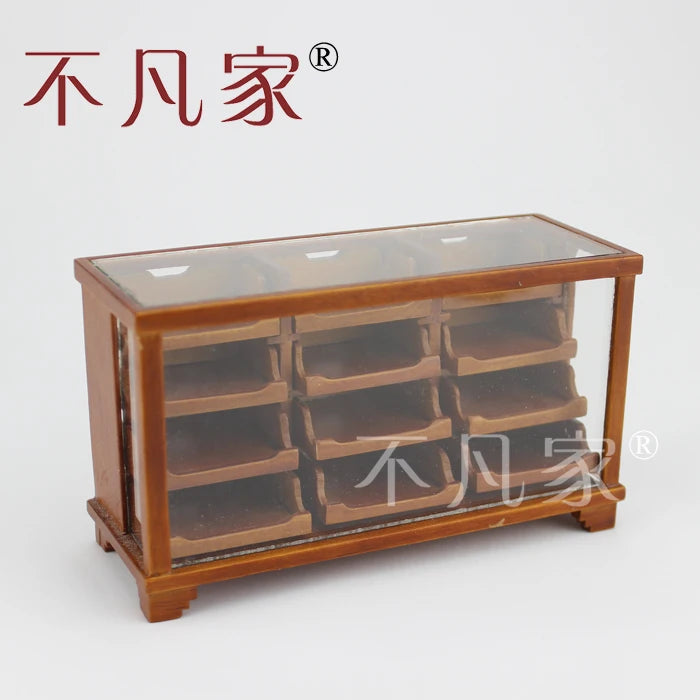 Vitrina de cristal en miniatura para casa de muñecas a escala 1:12 con cajones