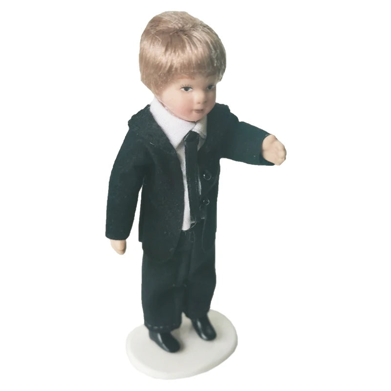 1:12 Scale Miniature Porcelain Doll Pretty Little Boy In Black Suit Dollhouse Model
