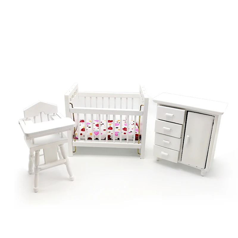 1:12 Scale Miniature Dollhouse Furniture Set Baby Crib Closet High Chair 3PCS
