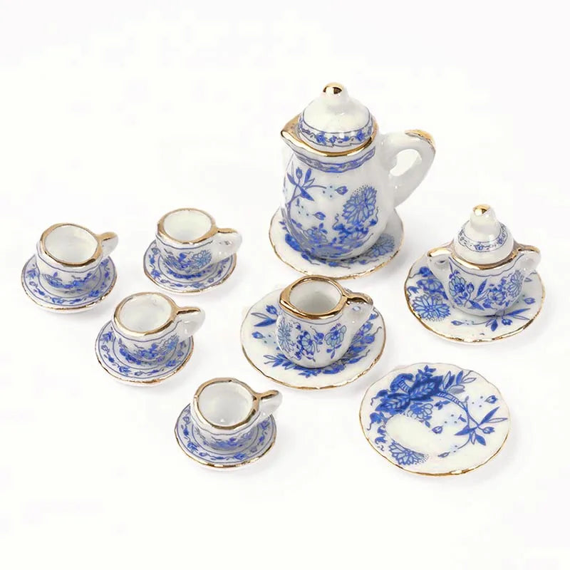 1:12 Scale Miniature Porcelain Tea Set Dining Ware 15PCS For Dollhouse Accessories