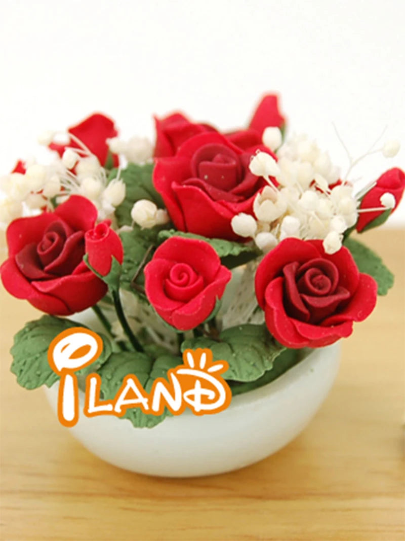 1:12 Scale Miniature Flower Decorative Pink Rose With White China Vase Dollhouse Accessory
