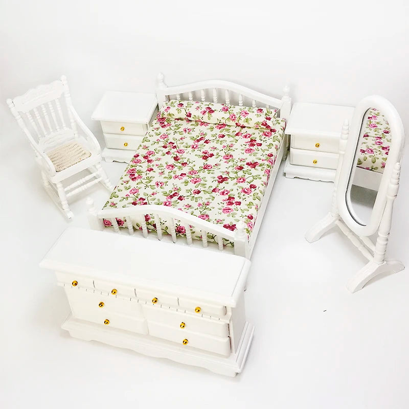 1:6 Scale Miniature White Wooden Cabinet Dresser Mirror Bedroom Furniture Set For Dollhouse Accessories
