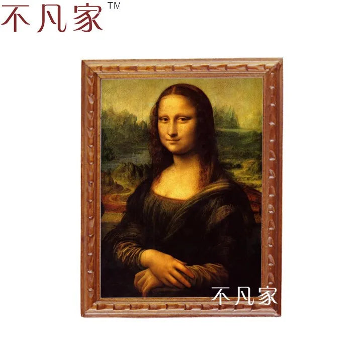Pintura al óleo clásica de la Mona Lisa en miniatura a escala 1:12, obra de arte para casa de muñecas