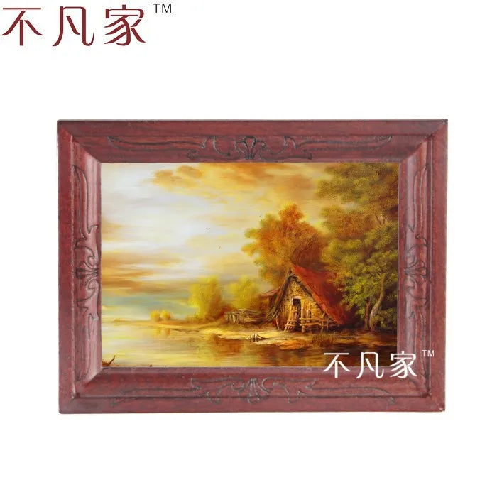 Pintura al óleo de casa de muñecas en miniatura a escala 1:12 con marco de paisaje rústico, decoración de pared