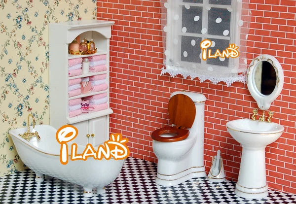 1:12 Scale Miniature Dollhouse Furniture Porcelain Bathroom Set White Toilet Basin Mirror 5Pcs For Dollhouse Accessories