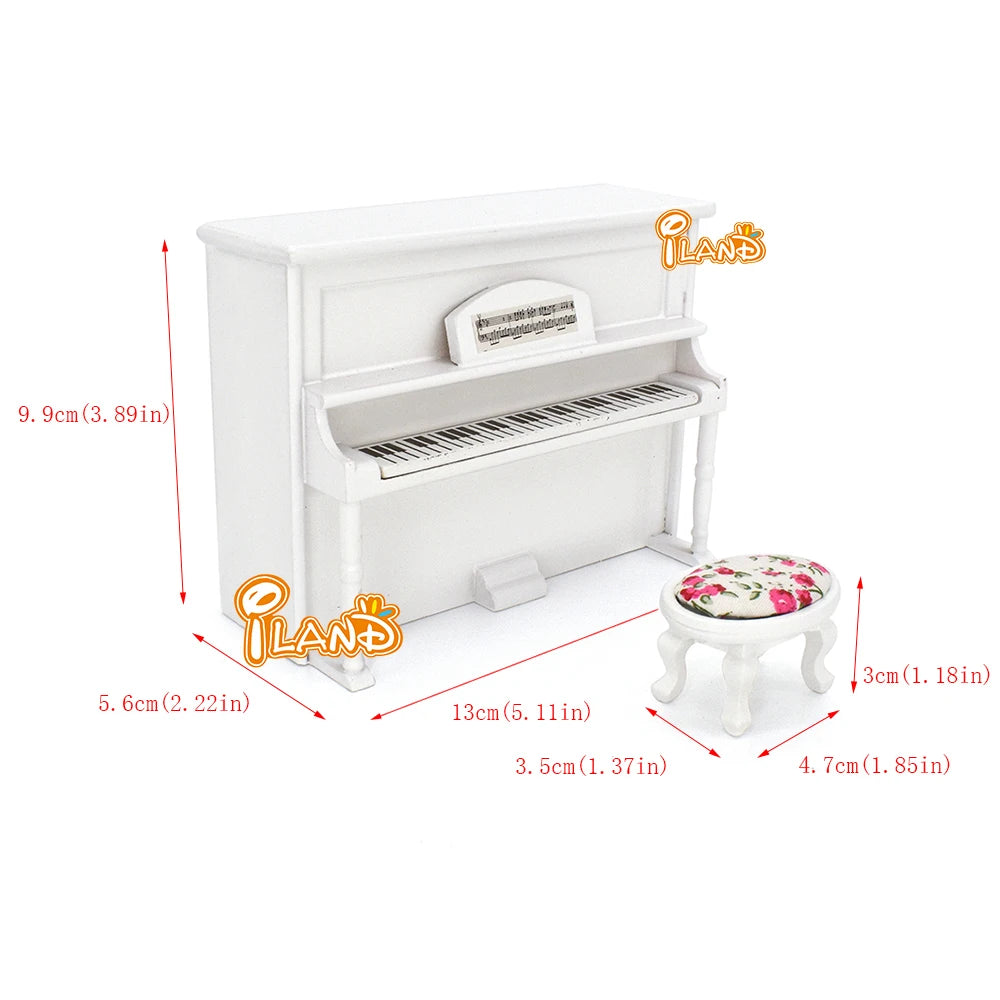 1:12 Scale Miniature White Piano And Stool Set For Dollhouse Music Room Miniature Furniture Accessories