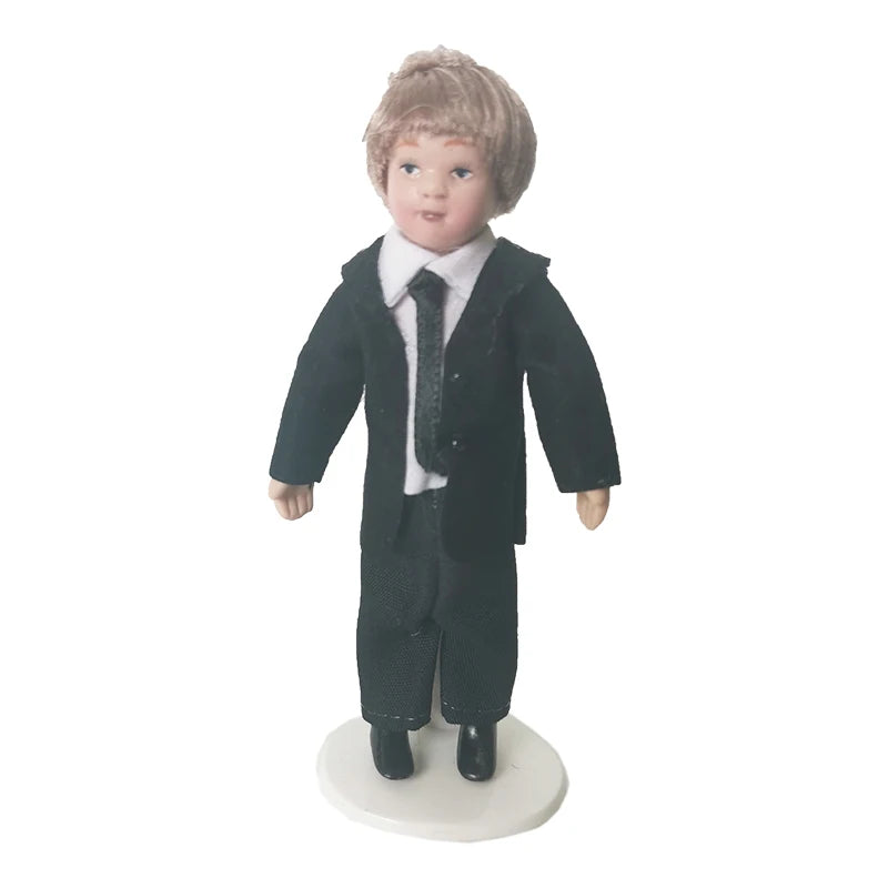 1:12 Scale Miniature Porcelain Doll Pretty Little Boy In Black Suit Dollhouse Model