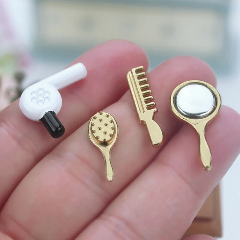 1:12 Scale Miniature Hairdressing Tools Cosmetic Products Mirror Comb Hairdryer For Dollhouse Room Decoration
