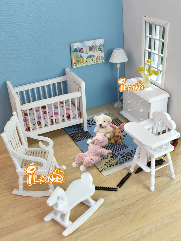 1:12 Scale Miniature Crib Set Baby Room Furniture Accessories High Chair Hobbyhorse Dollhouse Decor