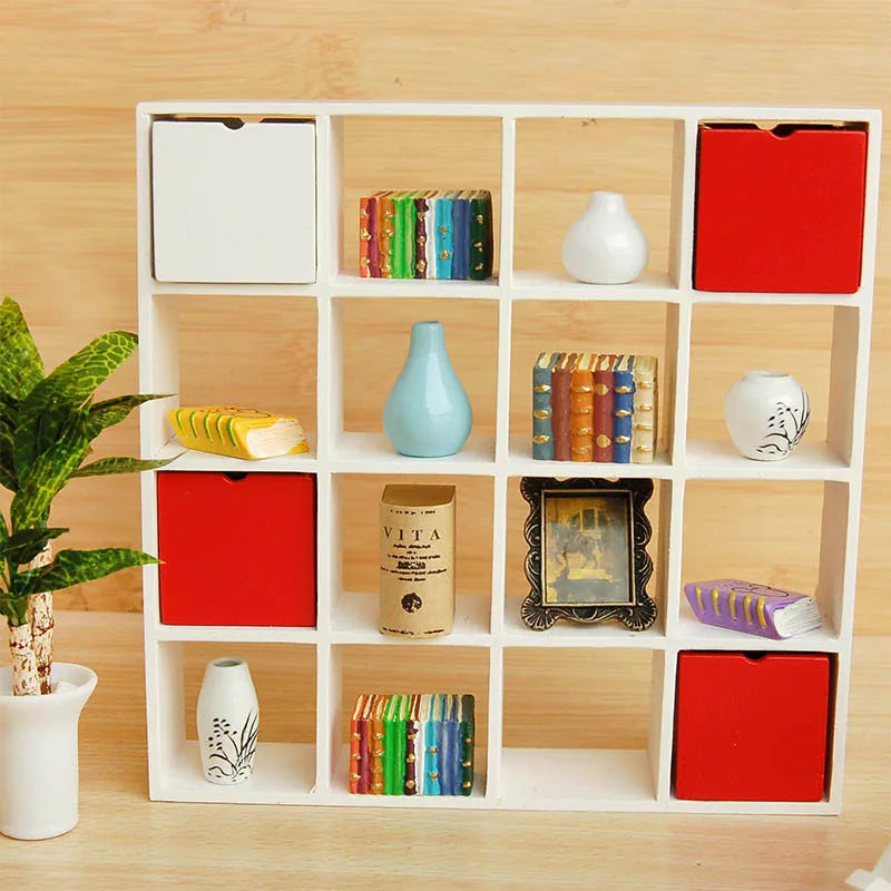 1:12 Scale White Wooden Display Shelf 16 Grids Miniature Dollhouse Furniture Storage Stand For Living Room Decor