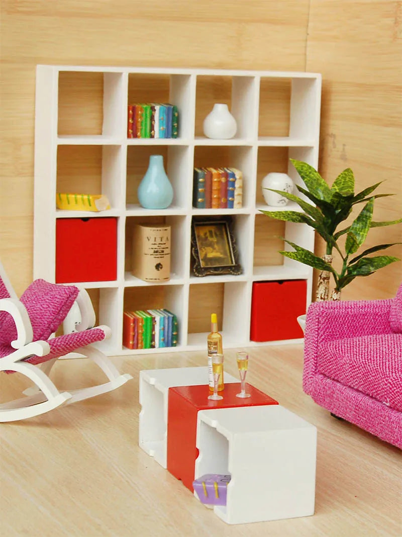 1:12 Scale White Wooden Display Shelf 16 Grids Miniature Dollhouse Furniture Storage Stand For Living Room Decor