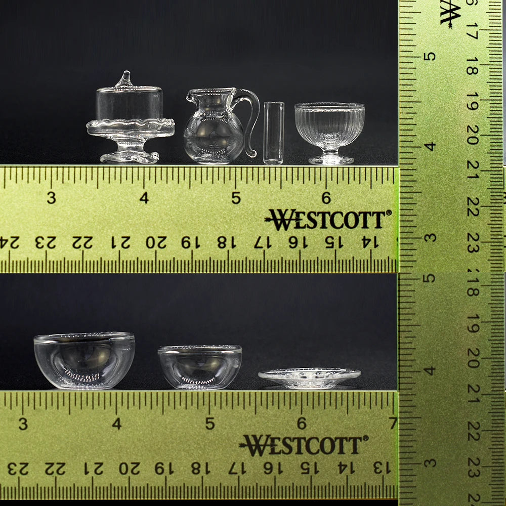 1:12 Scale Miniature Glass Tableware Set Kitchen Fruit Salad Bowl Cake Plate Dessert Dish Juice Jar Cup Dollhouse Accessories