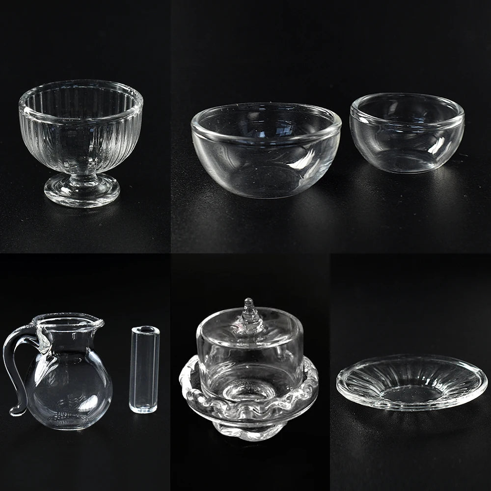 1:12 Scale Miniature Glass Tableware Set Kitchen Fruit Salad Bowl Cake Plate Dessert Dish Juice Jar Cup Dollhouse Accessories