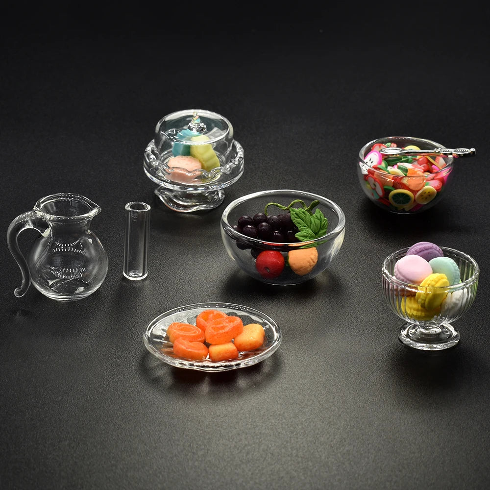 1:12 Scale Miniature Glass Tableware Set Kitchen Fruit Salad Bowl Cake Plate Dessert Dish Juice Jar Cup Dollhouse Accessories
