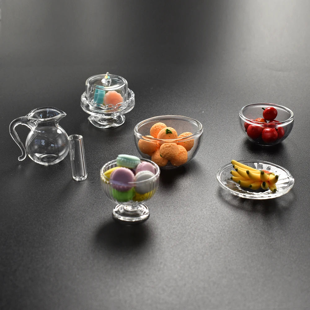 1:12 Scale Miniature Glass Tableware Set Kitchen Fruit Salad Bowl Cake Plate Dessert Dish Juice Jar Cup Dollhouse Accessories