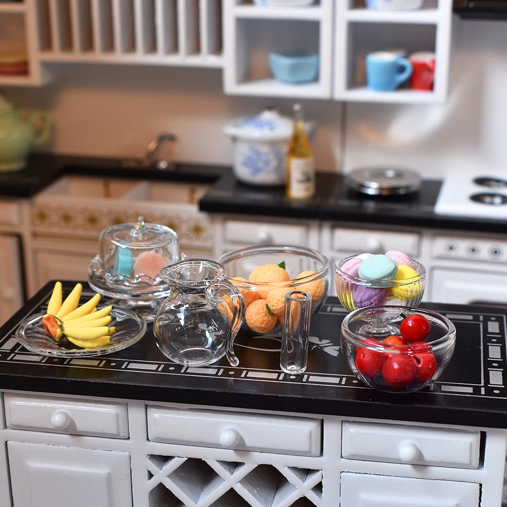 1:12 Scale Miniature Glass Tableware Set Kitchen Fruit Salad Bowl Cake Plate Dessert Dish Juice Jar Cup Dollhouse Accessories