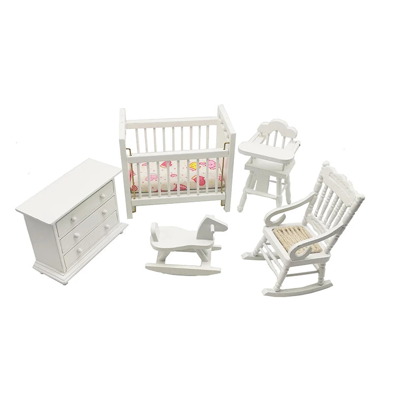 1:12 Scale Miniature Dollhouse Furniture Baby Crib Nursery Bed Closet Rocking Chair Hobbyhorse Accessories