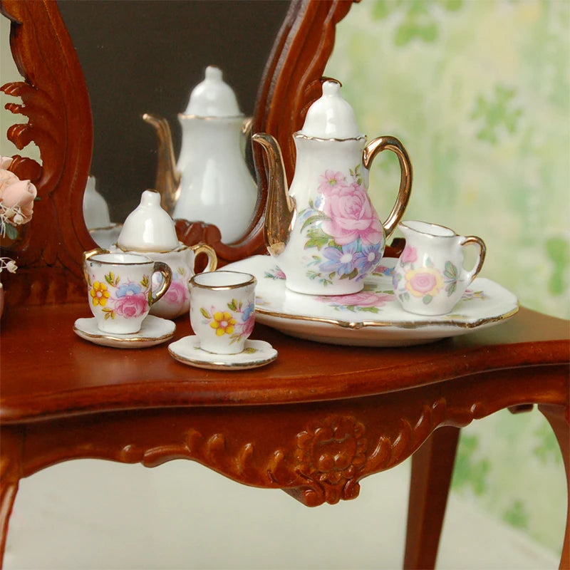 1:6 Scale Miniature Porcelain Tea Set With Pot Cup Saucer Dish For Dollhouse Accessory Fashion Doll China