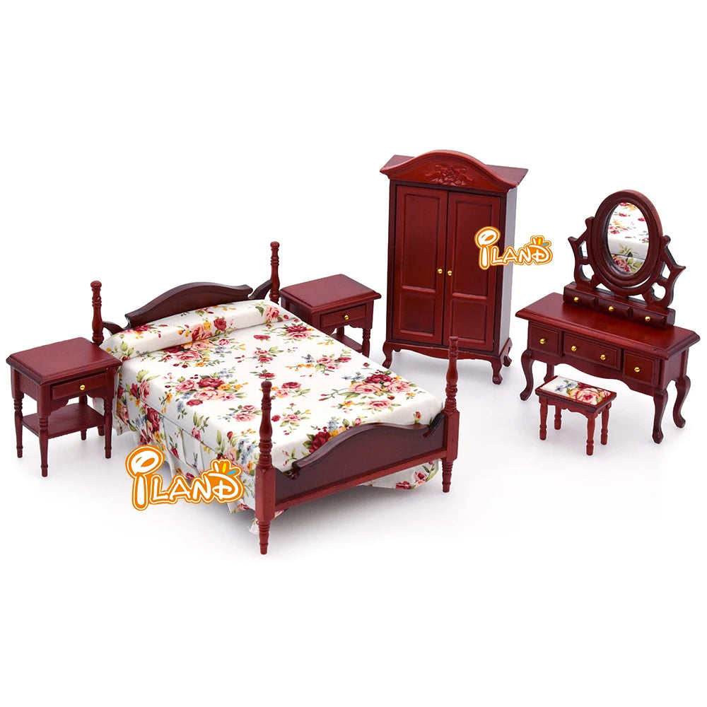 1:12 Scale Miniature Dollhouse Bedroom Furniture Set With Bed Dresser Closet Accessories For Girls Boys Christmas Gift