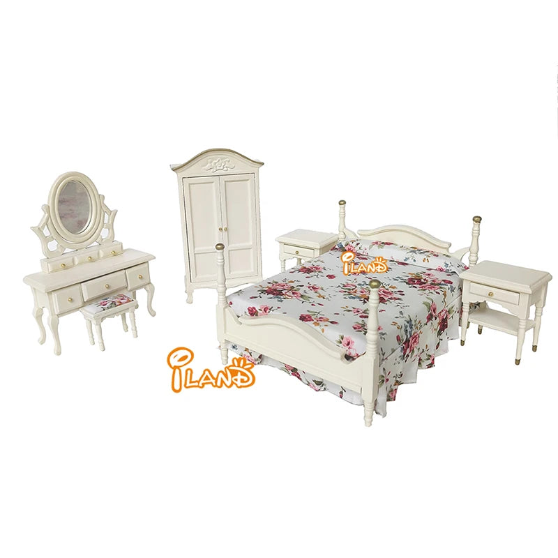 1:12 Scale Miniature Dollhouse Bedroom Furniture Set With Bed Dresser Closet Accessories For Girls Boys Christmas Gift