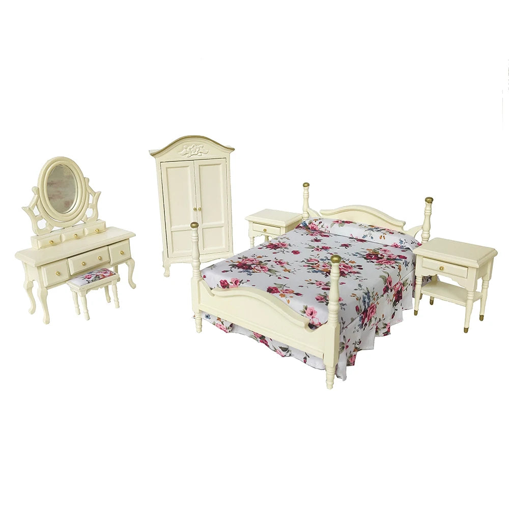 1:12 Scale Miniature Dollhouse Bedroom Furniture Set With Bed Dresser Closet Accessories For Girls Boys Christmas Gift