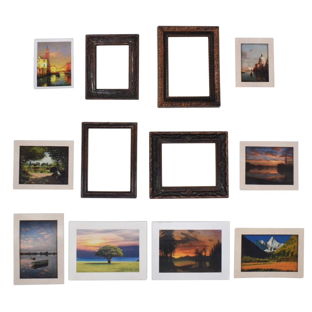 1:12 Scale Miniature Picture Frames With Printed Classical Paintings Set For Dollhouse Accessories Miniature Furniture