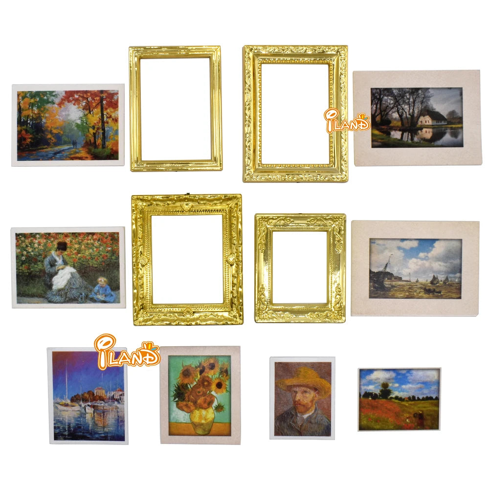 1:12 Scale Miniature Picture Frames With Printed Classical Paintings Set For Dollhouse Accessories Miniature Furniture