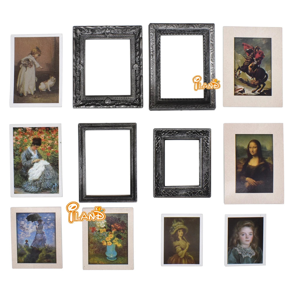 1:12 Scale Miniature Picture Frames With Printed Classical Paintings Set For Dollhouse Accessories Miniature Furniture