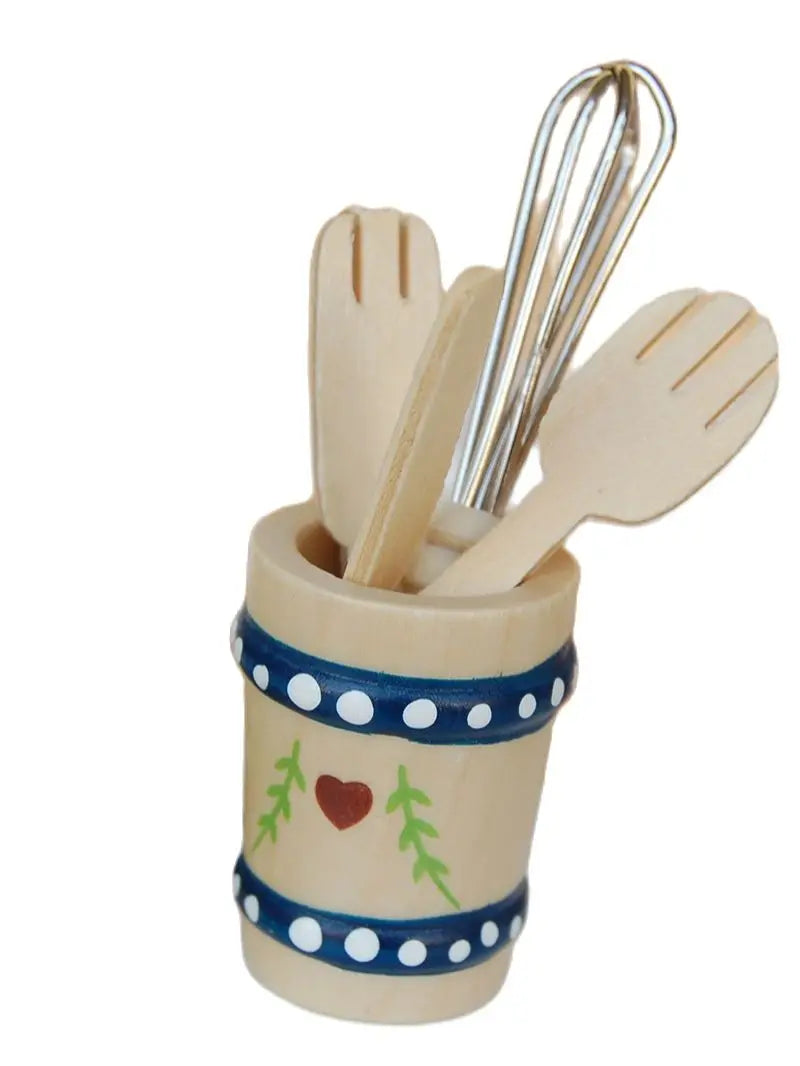 Juego de utensilios de cocina de madera en miniatura a escala 1:12 para casa de muñecas: 5 piezas: pala, espátula, cuchillo y batidor de huevos.