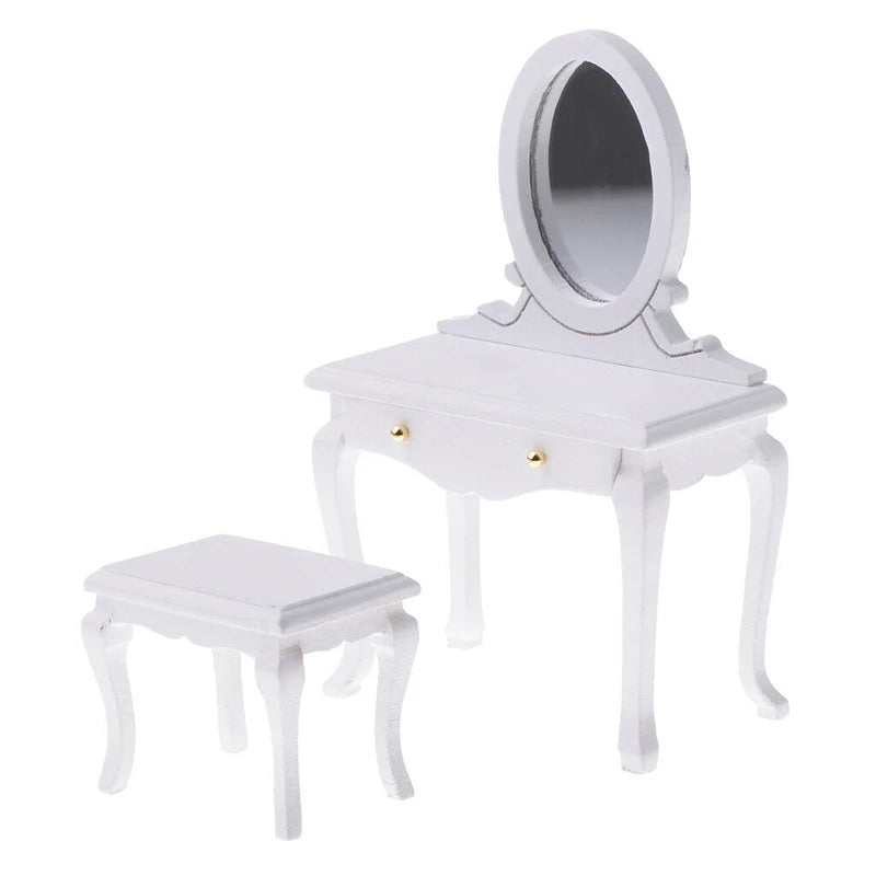 1:12 Scale Wooden Vanity Box With Mirror Dressing Table And Stool Miniature Dollhouse Furniture For Bedroom Decor
