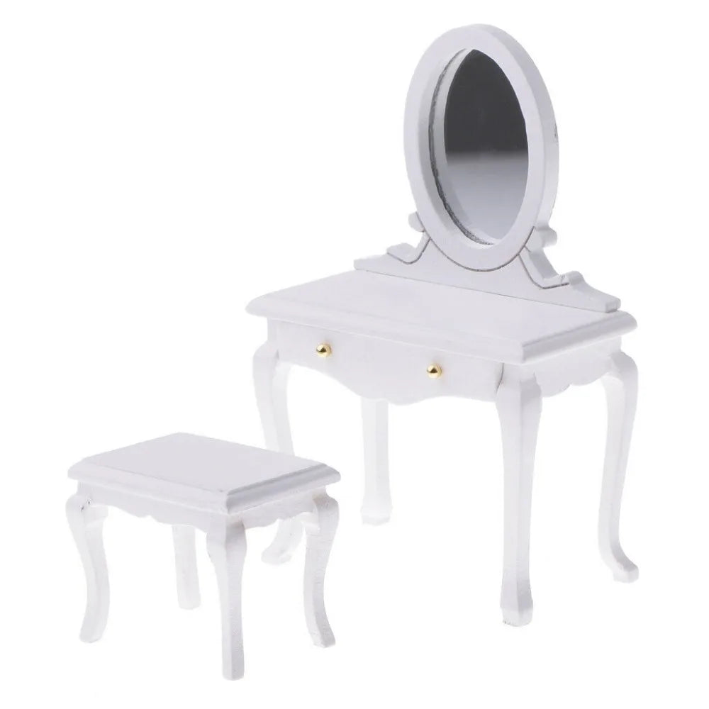 1:12 Scale Wooden Vanity Box With Mirror Dressing Table And Stool Miniature Dollhouse Furniture For Bedroom Decor