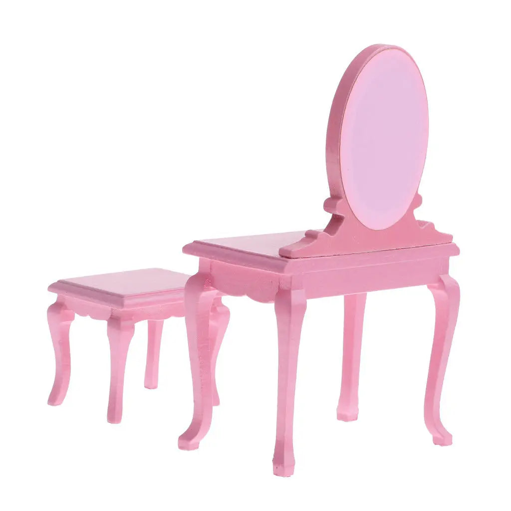 1:12 Scale Wooden Vanity Box With Mirror Dressing Table And Stool Miniature Dollhouse Furniture For Bedroom Decor