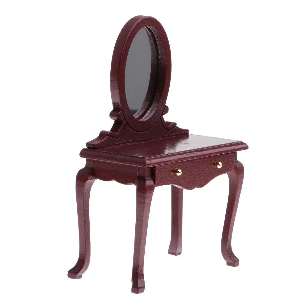 1:12 Scale Wooden Vanity Box With Mirror Dressing Table And Stool Miniature Dollhouse Furniture For Bedroom Decor