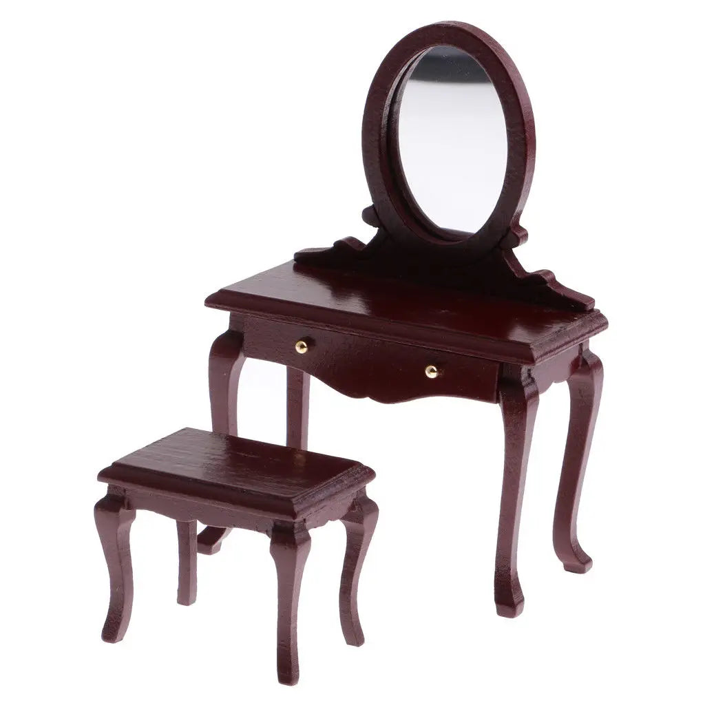 1:12 Scale Wooden Vanity Box With Mirror Dressing Table And Stool Miniature Dollhouse Furniture For Bedroom Decor