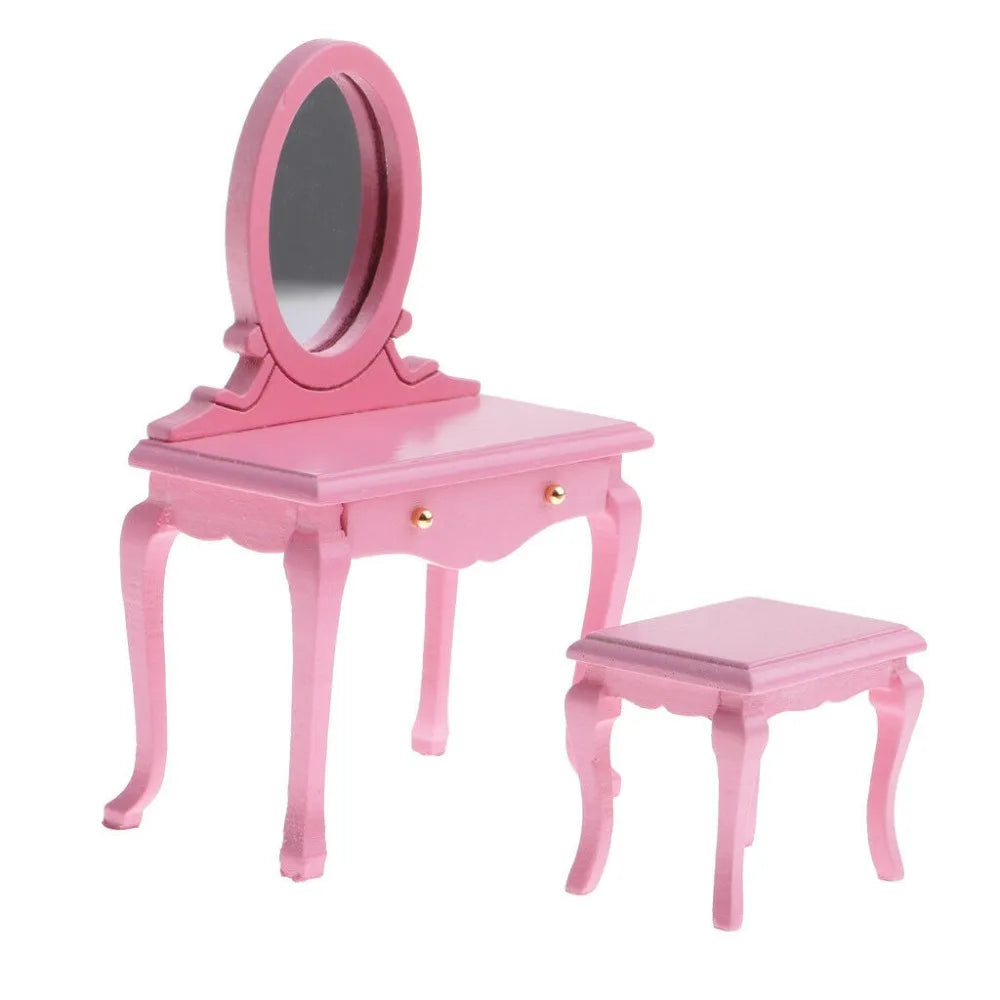 1:12 Scale Wooden Vanity Box With Mirror Dressing Table And Stool Miniature Dollhouse Furniture For Bedroom Decor