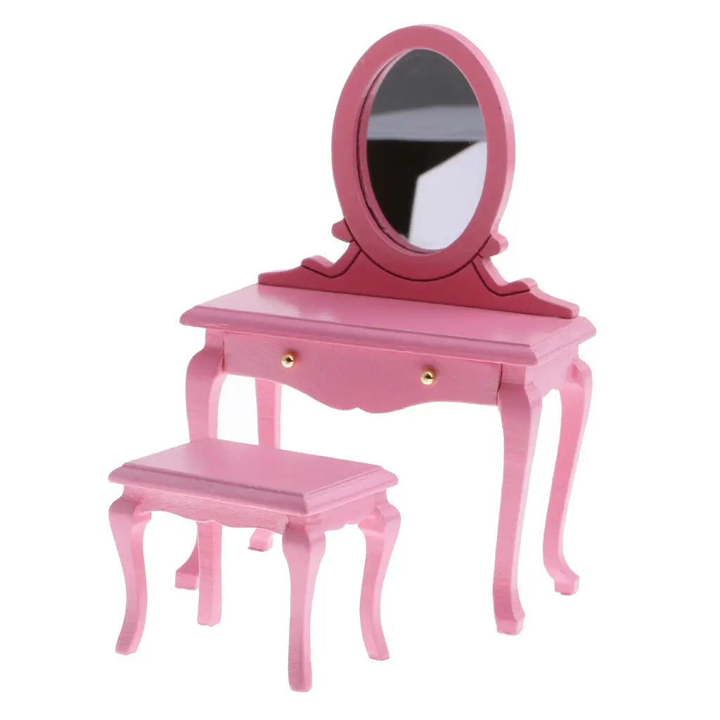 1:12 Scale Wooden Vanity Box With Mirror Dressing Table And Stool Miniature Dollhouse Furniture For Bedroom Decor