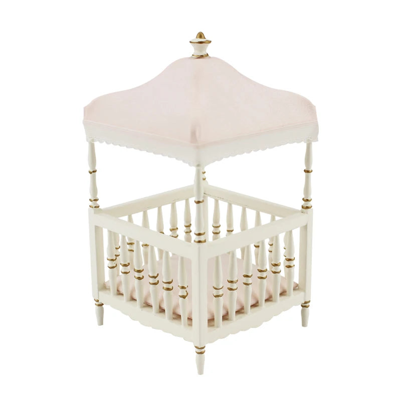 Cuna de madera blanca pintada a mano con dosel para casa de muñecas en miniatura a escala 1:12