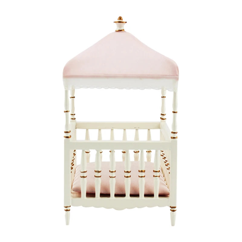 Cuna de madera blanca pintada a mano con dosel para casa de muñecas en miniatura a escala 1:12