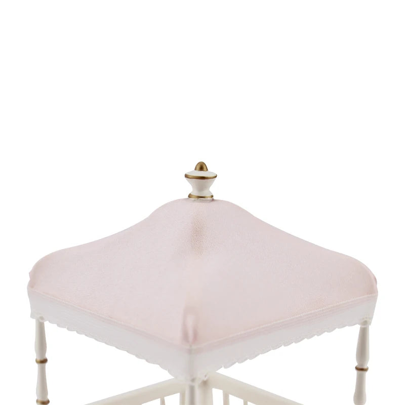 Cuna de madera blanca pintada a mano con dosel para casa de muñecas en miniatura a escala 1:12