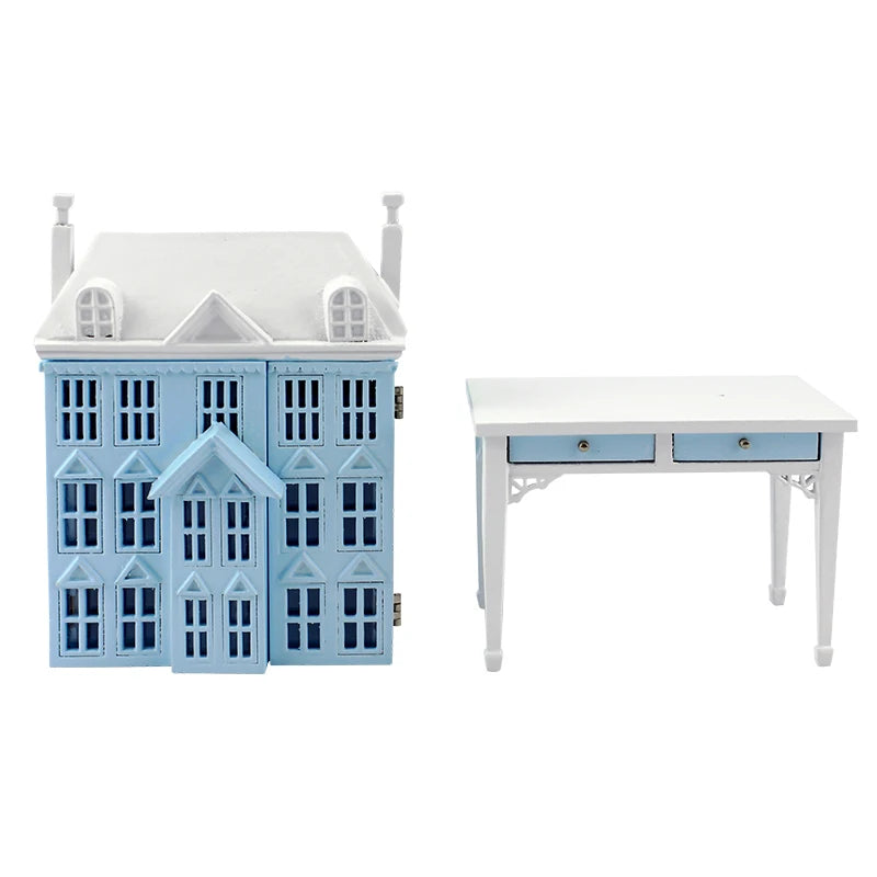 Mueble de casa de muñecas en miniatura de madera azul a escala 1:12 con mesa para exhibición a escala 1:144