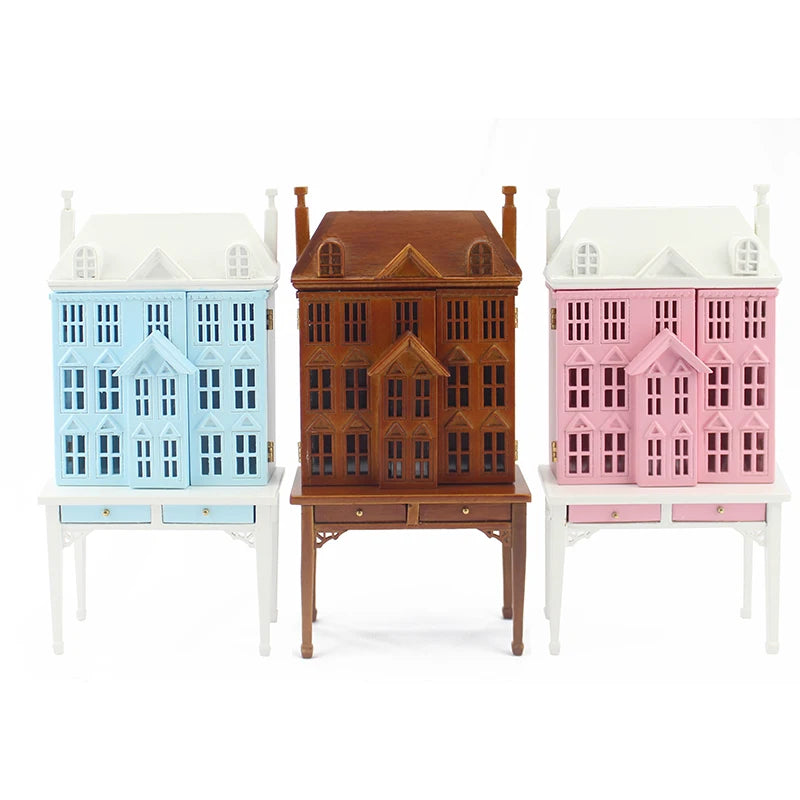 Mueble de casa de muñecas en miniatura de madera azul a escala 1:12 con mesa para exhibición a escala 1:144