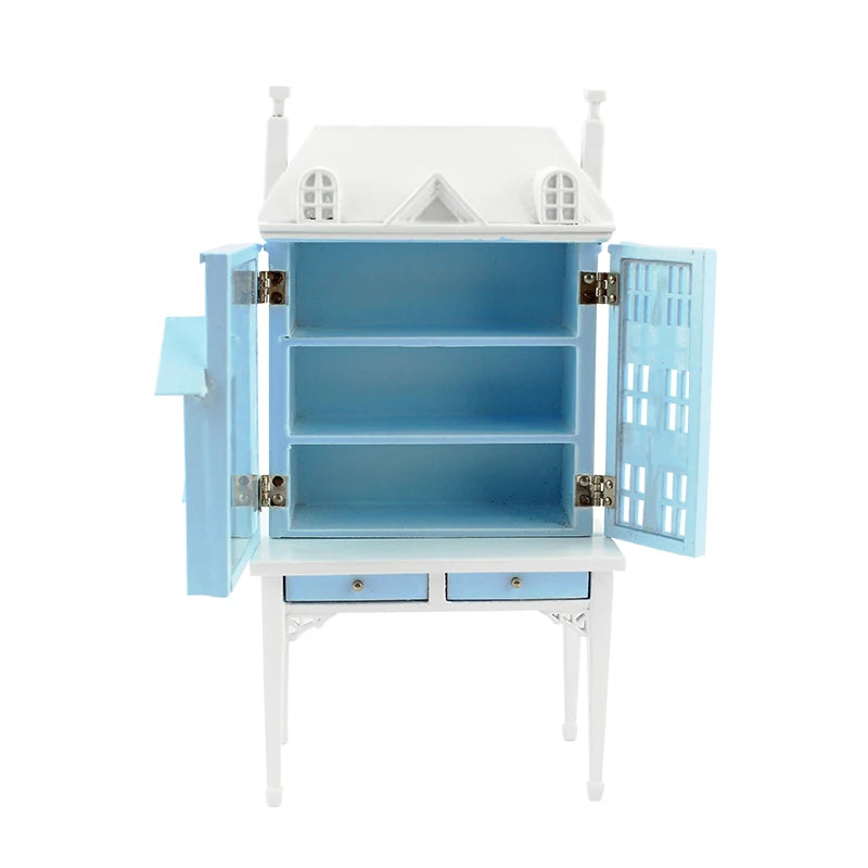 Mueble de casa de muñecas en miniatura de madera azul a escala 1:12 con mesa para exhibición a escala 1:144